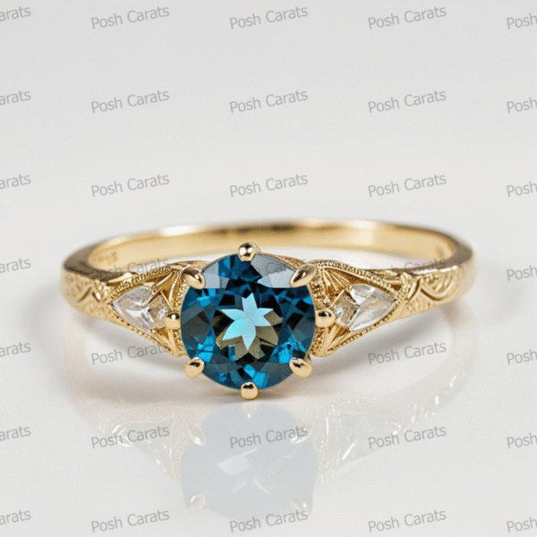 14K Gold London Blue Topaz Engagement Ring - Unique Handmade Design - December Birthstone Jewelry
