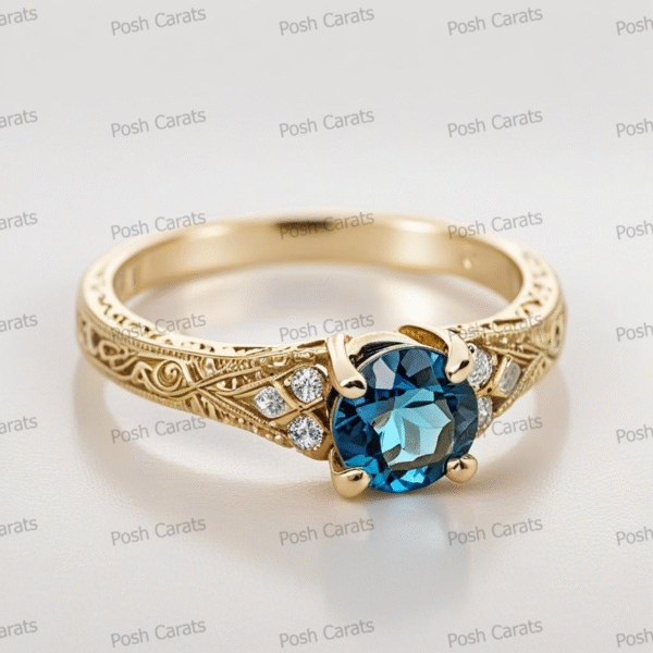 14K Gold London Blue Topaz Engagement Ring - Unique Handmade Design - December Birthstone Jewelry
