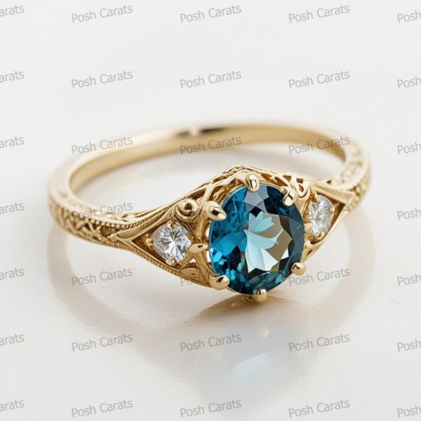 14K Gold London Blue Topaz Engagement Ring - Unique Handmade Design - December Birthstone Jewelry