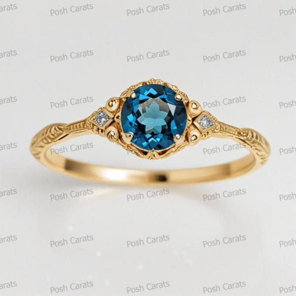 14K Gold London Blue Topaz Engagement Ring - Unique Handmade Design - December Birthstone Jewelry