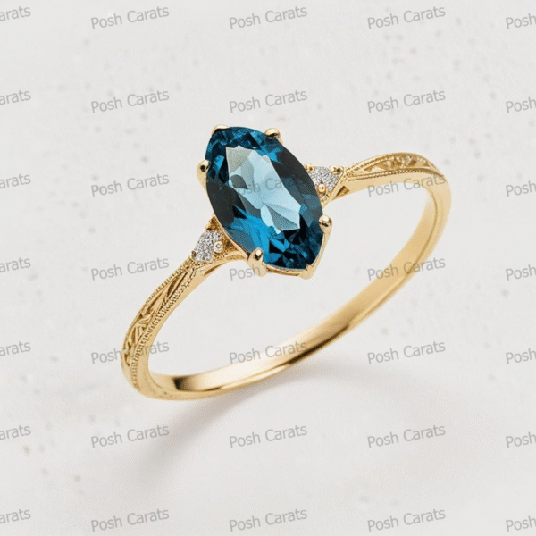14K Gold London Blue Topaz Engagement Ring - Unique Handmade Design - December Birthstone Jewelry