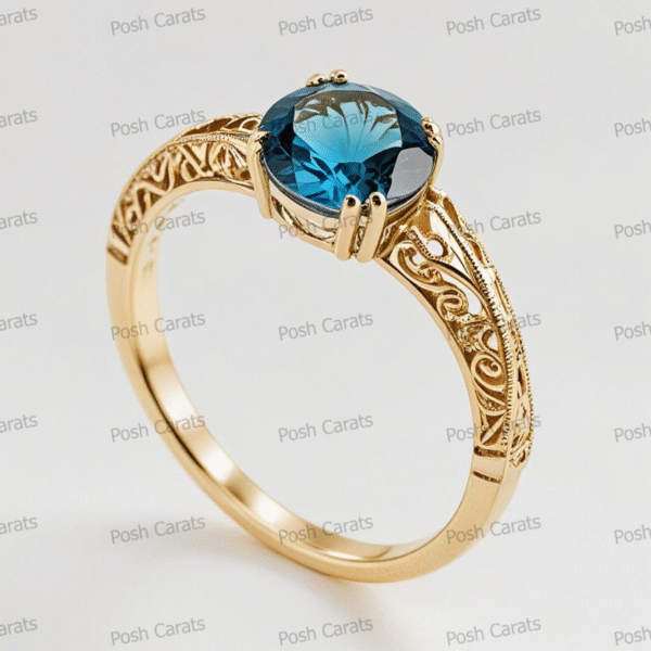 14K Gold London Blue Topaz Engagement Ring - Unique Handmade Design - December Birthstone Jewelry