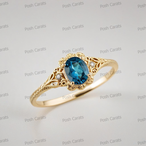 14K Gold London Blue Topaz Engagement Ring - Unique Handmade Design - December Birthstone Jewelry