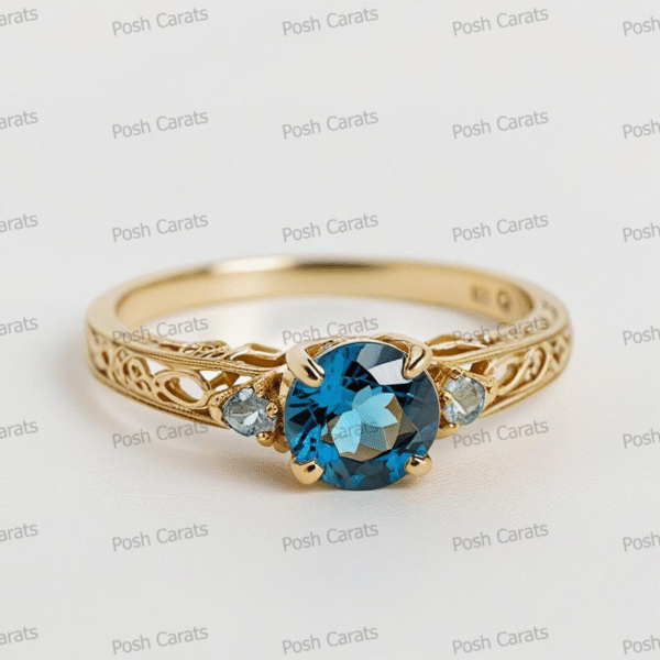 14K Gold London Blue Topaz Engagement Ring - Unique Handmade Design - December Birthstone Jewelry