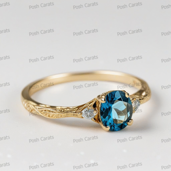 14K Gold London Blue Topaz Engagement Ring - Unique Handmade Design - December Birthstone Jewelry