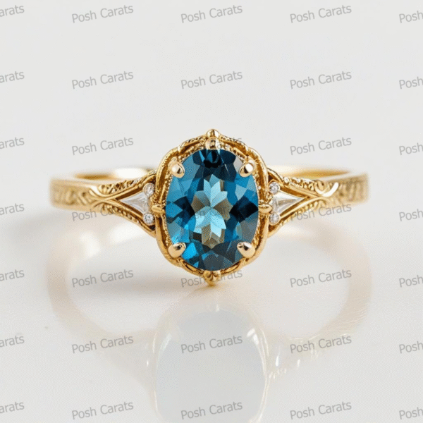 14K Gold London Blue Topaz Engagement Ring - Unique Handmade Design - December Birthstone Jewelry