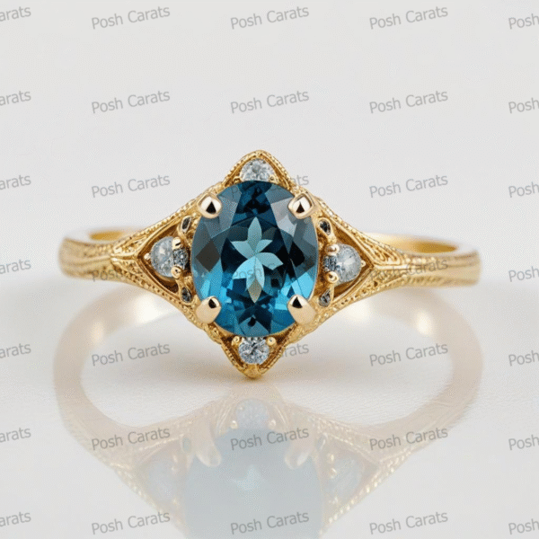 14K Gold London Blue Topaz Engagement Ring - Unique Handmade Design - December Birthstone Jewelry