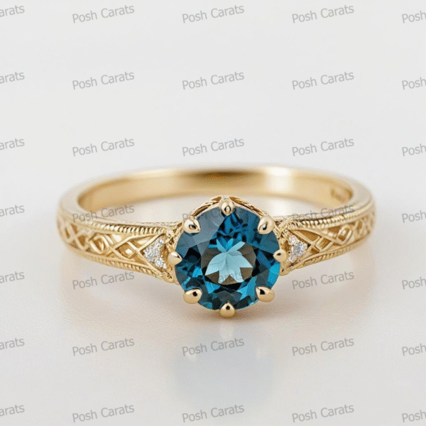 14K Gold London Blue Topaz Engagement Ring - Unique Handmade Design - December Birthstone Jewelry