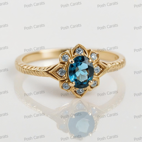 14K Gold London Blue Topaz Engagement Ring - Unique Handmade Design - December Birthstone Jewelry