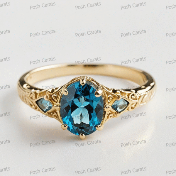 14K Gold London Blue Topaz Engagement Ring - Unique Handmade Design - December Birthstone Jewelry
