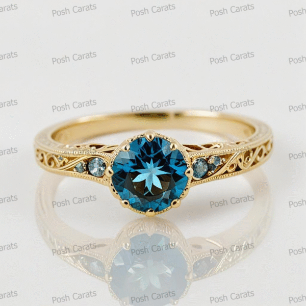 14K Gold London Blue Topaz Engagement Ring - Unique Handmade Design - December Birthstone Jewelry