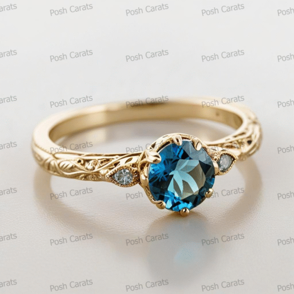 14K Gold London Blue Topaz Engagement Ring - Unique Handmade Design - December Birthstone Jewelry