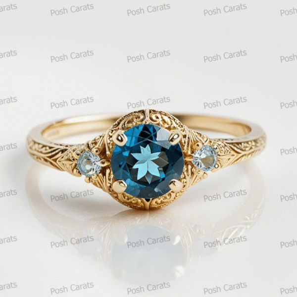 14K Gold London Blue Topaz Engagement Ring - Unique Handmade Design - December Birthstone Jewelry